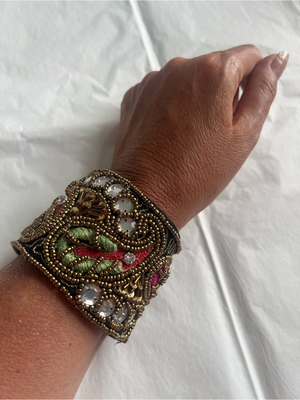 VTG Statement Mango Multicolor Embroidered Beaded Bracelet with Gold Accents